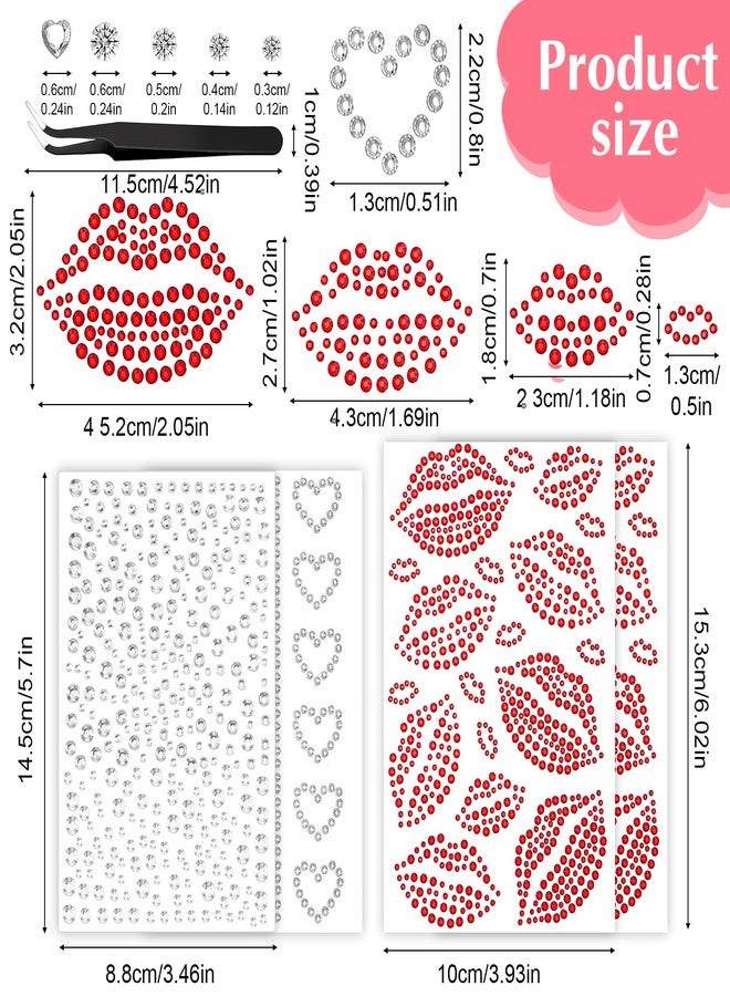 Macuezu 4 Sheets Lip Face Rhinestone Stickers with Tweezers, Face Gems for Women with Red Lip Gems, Self-Adhesive Faces Jewels for Makeup, Party, Music Festival, Kiss Jewels Red Rhinestone Stickers - Image 3